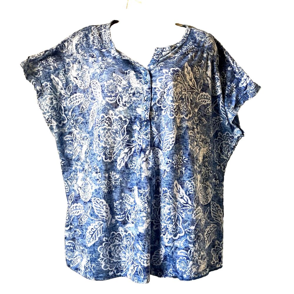 Fresh Henley T-Shirt Top Paisley Floral 1X Blue Soft Stretch Flowy Button Summer